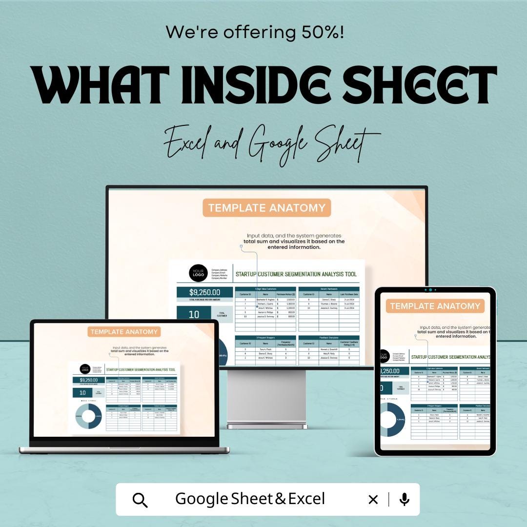 Startup Customer Segmentation Analysis Tool Template | Excel and Google Sheets Dashboard | Automated Charts Pivot Tables Customer