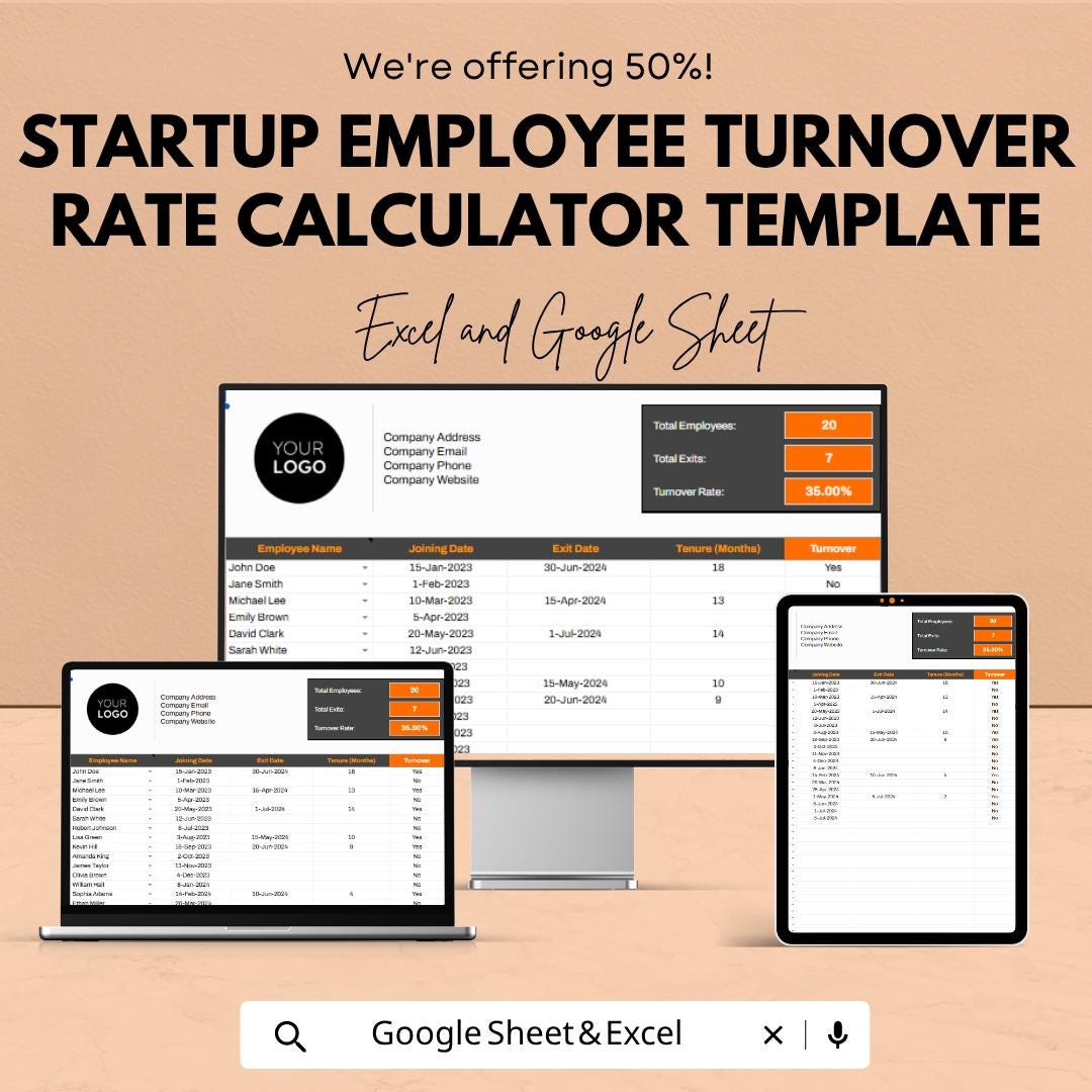 Employee Turnover Rate Calculator Template | HR Analytics Spreadsheet | Staff Turnover Tracker | Excel & Google Sheets | Workforce Metrics