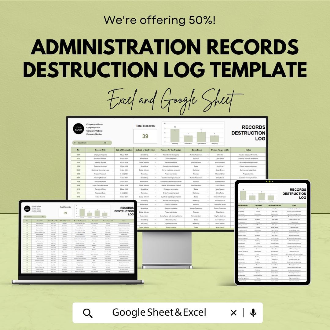 Administration Records Destruction Log Template,  Document Disposal Tracker, Compliance Log, Record Destruction Spreadsheet