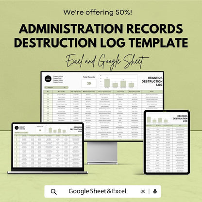 Administration Records Destruction Log Template,  Document Disposal Tracker, Compliance Log, Record Destruction Spreadsheet