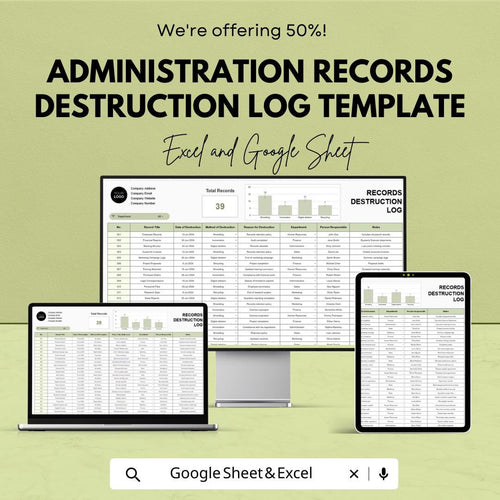 Administration Records Destruction Log Template,  Document Disposal Tracker, Compliance Log, Record Destruction Spreadsheet