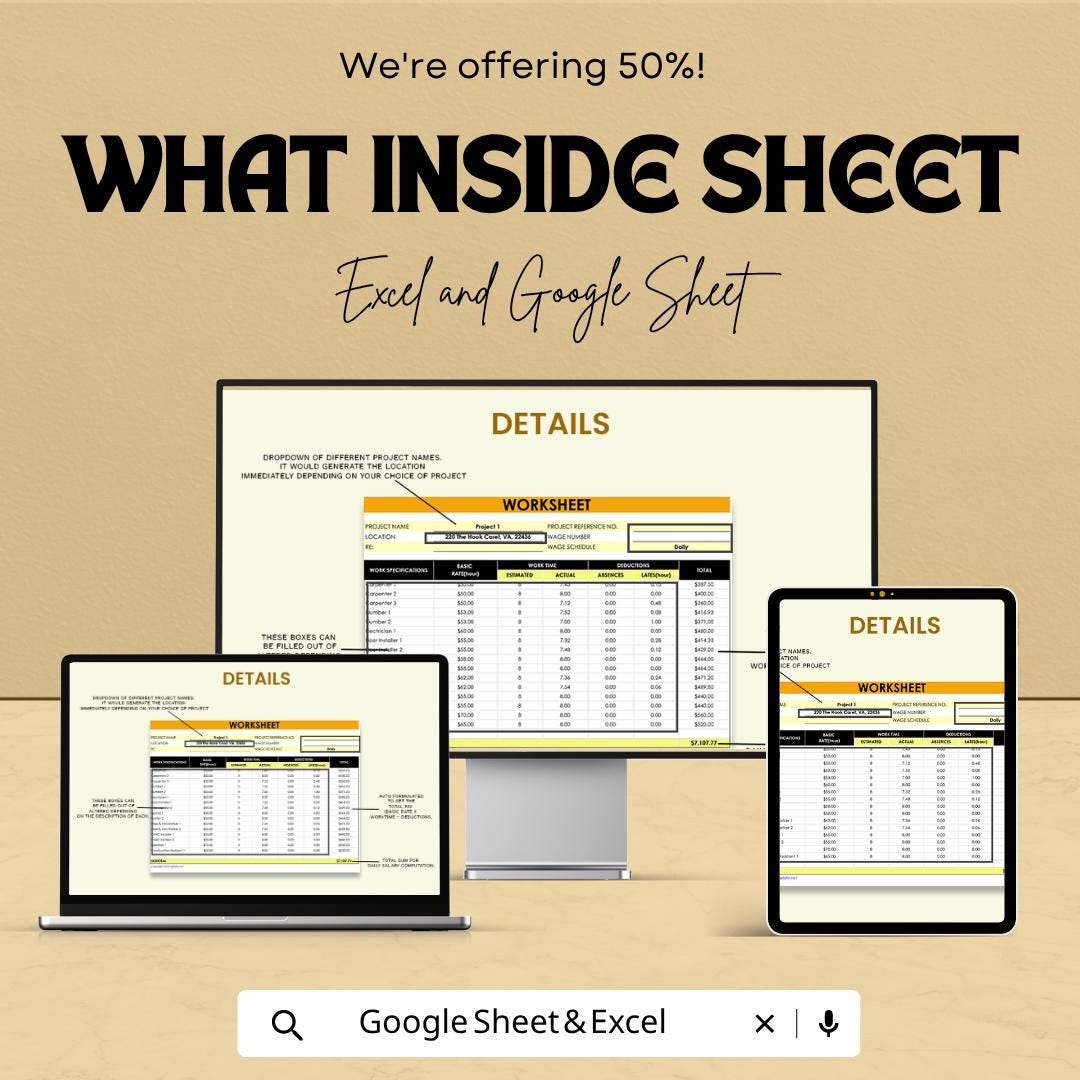 Construction Labor Worksheet Template | Construction Timesheet Spreadsheet | Contractor Payroll Tracker | Excel & Google Sheets |