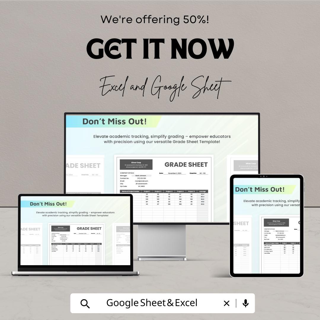 Grade Sheet Template | Student Grading Tracker | Teacher Gradebook | Automated School Report | Academic Performance Sheet