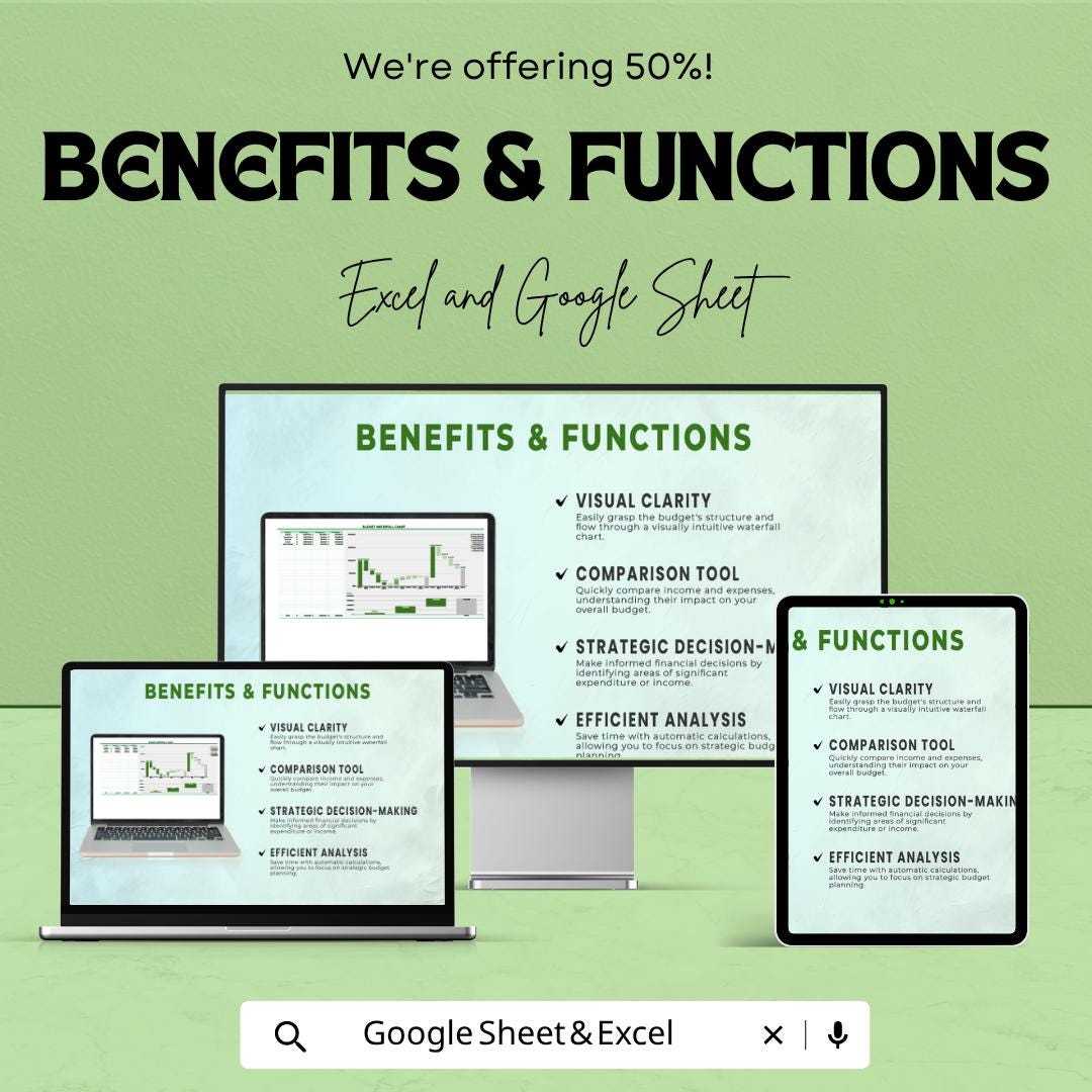 Budget Waterfall Chart Template | Excel & Google Sheets Budget Tracker | Financial Analysis Spreadsheet | Income Expense Breakdown Chart