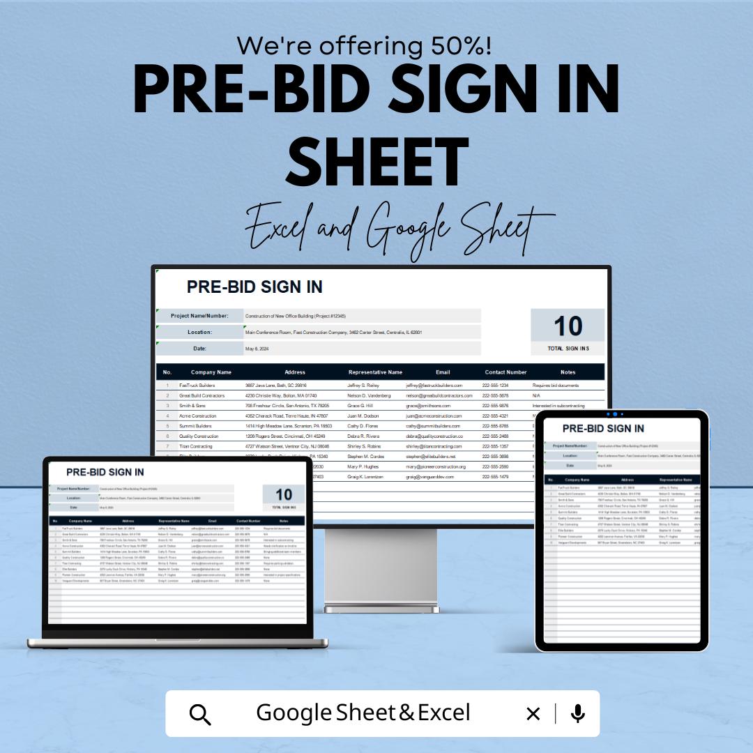 Pre-Bid Sign-In Sheet | Excel & Google Sheets Template | Bid Meeting Tracker | Contractor Registration | Instant Download
