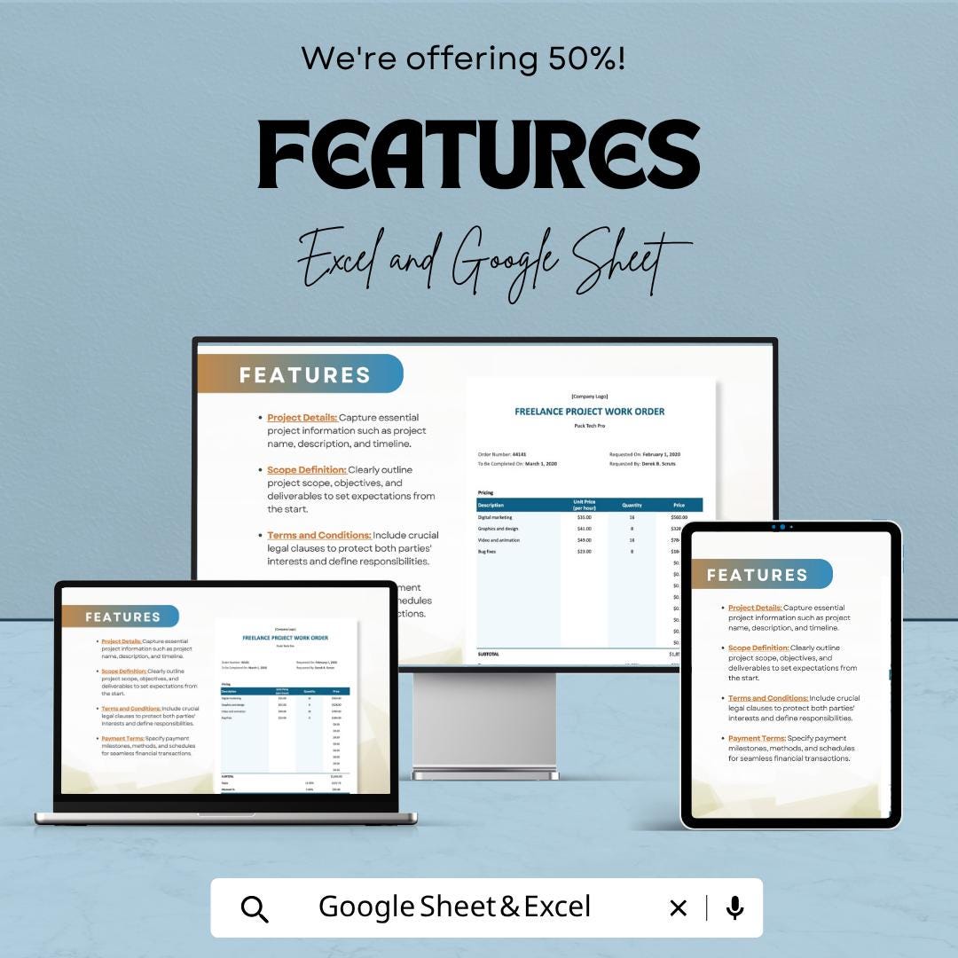 Freelance Project Order Template Excel | Work Order Template | Client Project Tracker | Invoice & Scope Agreement | Google Sheets Editable