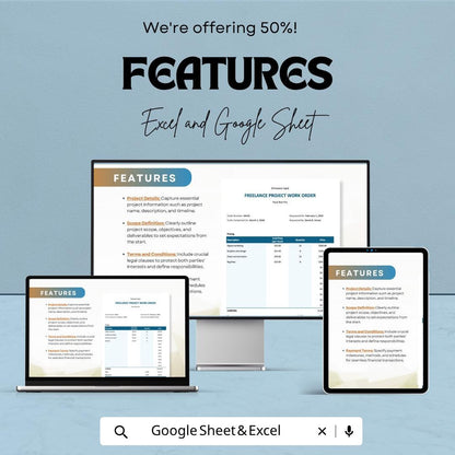 Freelance Project Order Template Excel | Work Order Template | Client Project Tracker | Invoice & Scope Agreement | Google Sheets Editable
