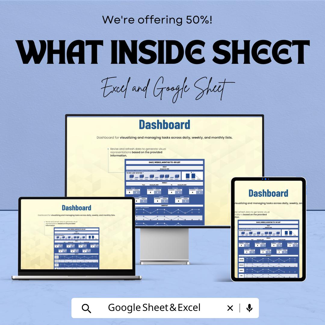 Daily, Weekly, Monthly To Do List Dashboard Sheet | Task Tracker | Excel & Google Sheets Template | Task Management Planner