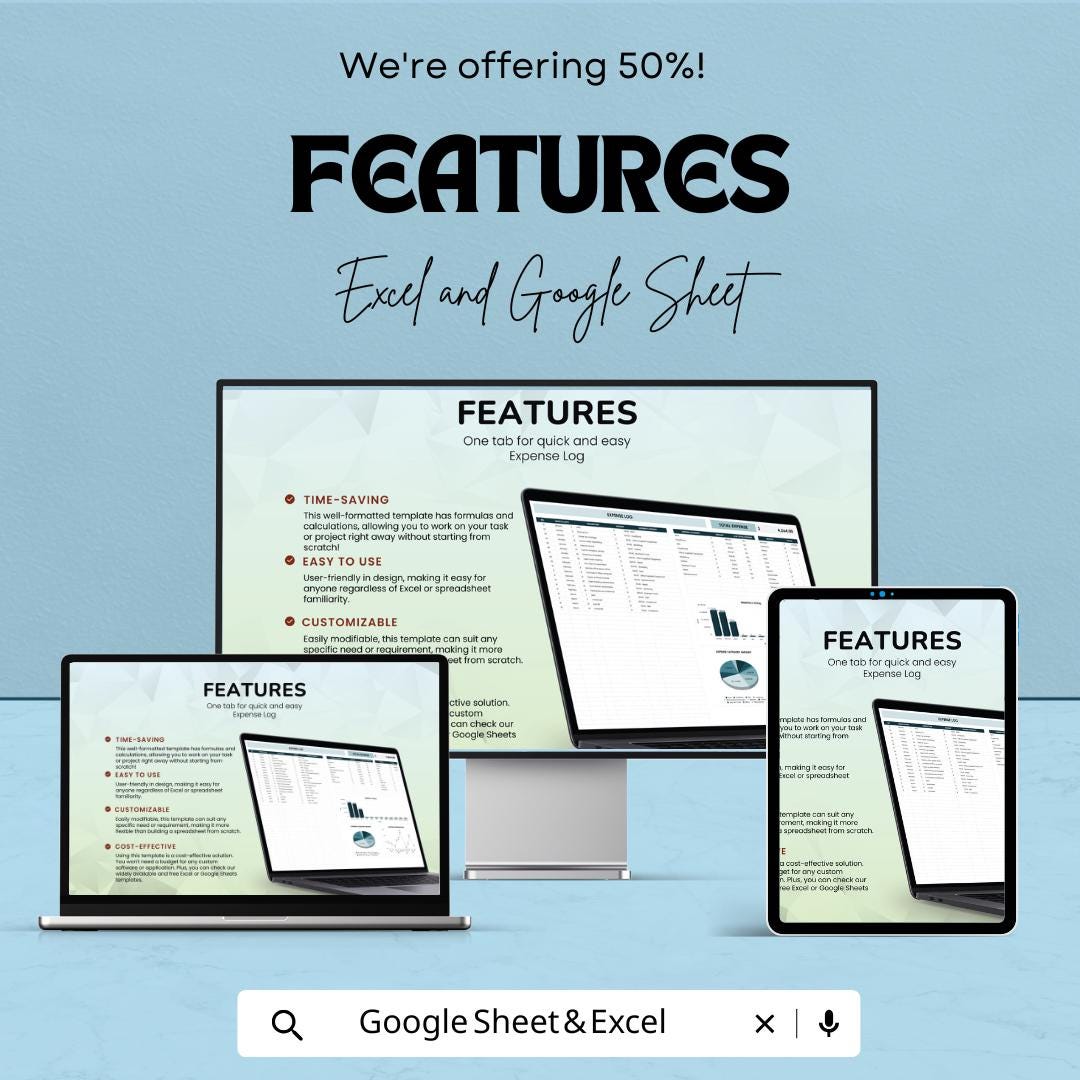 Expense Log Template | Budget Tracker Spreadsheet | Personal Finance & Expense Tracker for Excel and Google Sheets