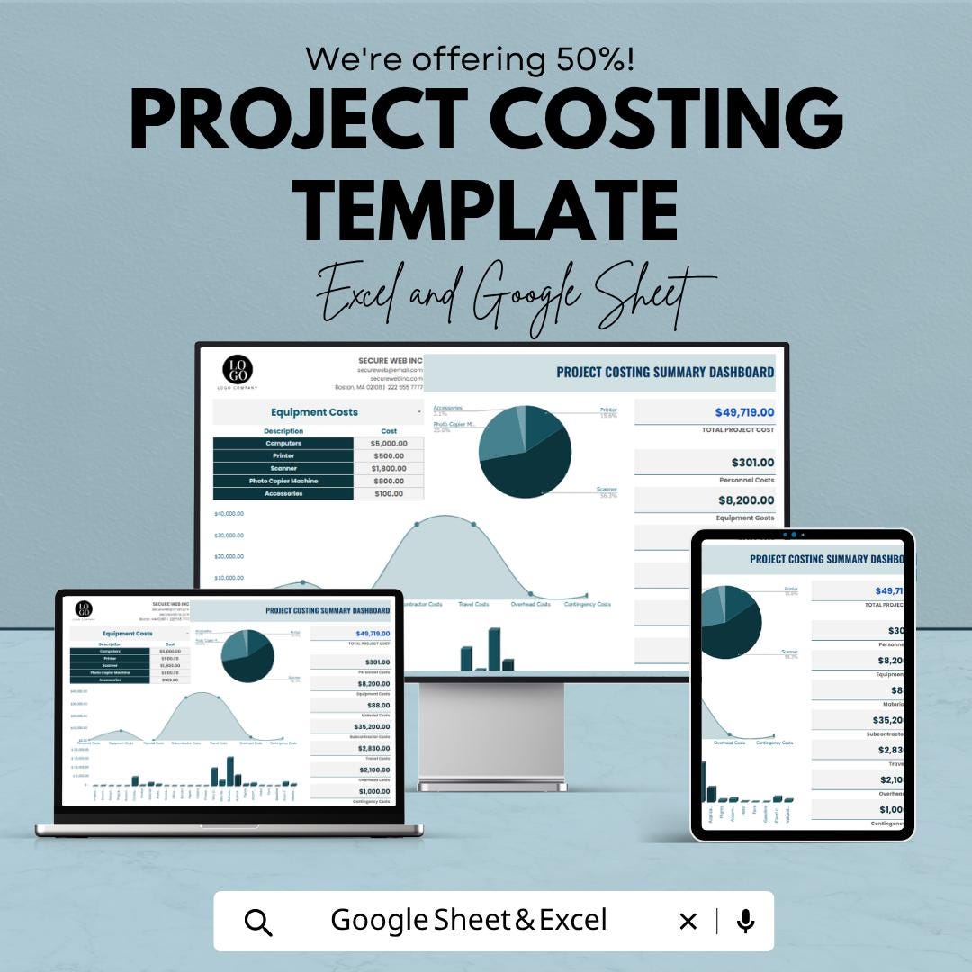 Project Costing Template | Project Budget Spreadsheet | Cost Estimation Tracker | Excel & Google Sheets | Business Expense Planning Sheet