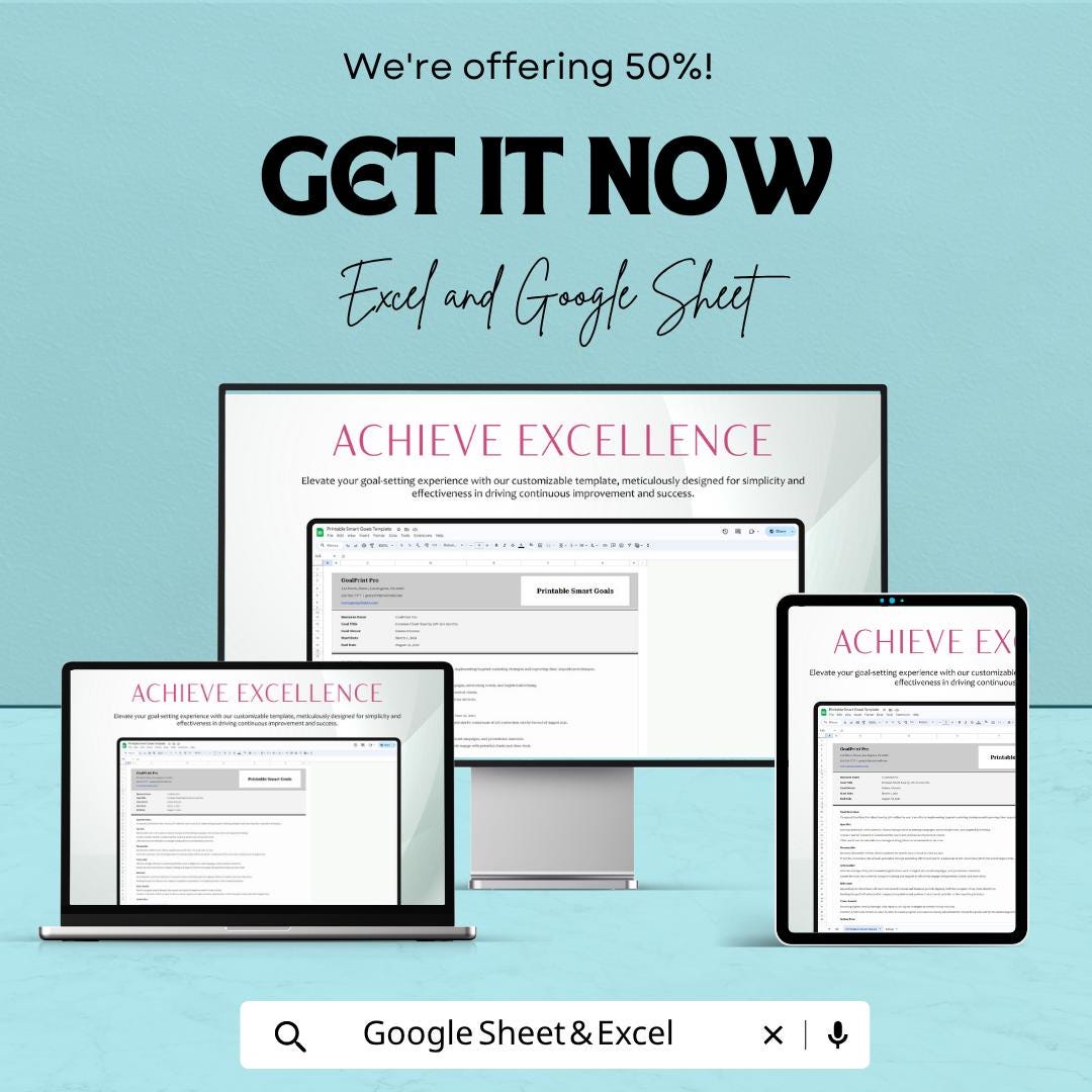 Printable SMART Goals Template | Goal Setting Worksheet | Goal Planner Spreadsheet | Productivity Planner