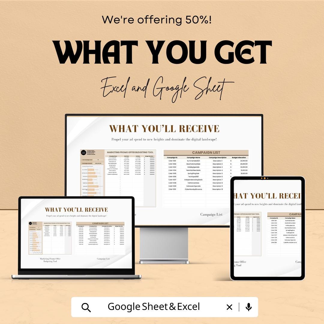 Marketing Promo Offer Budgeting Tool Sheet - Excel & Google Sheets Template - Budget Planner for Marketing Campaigns