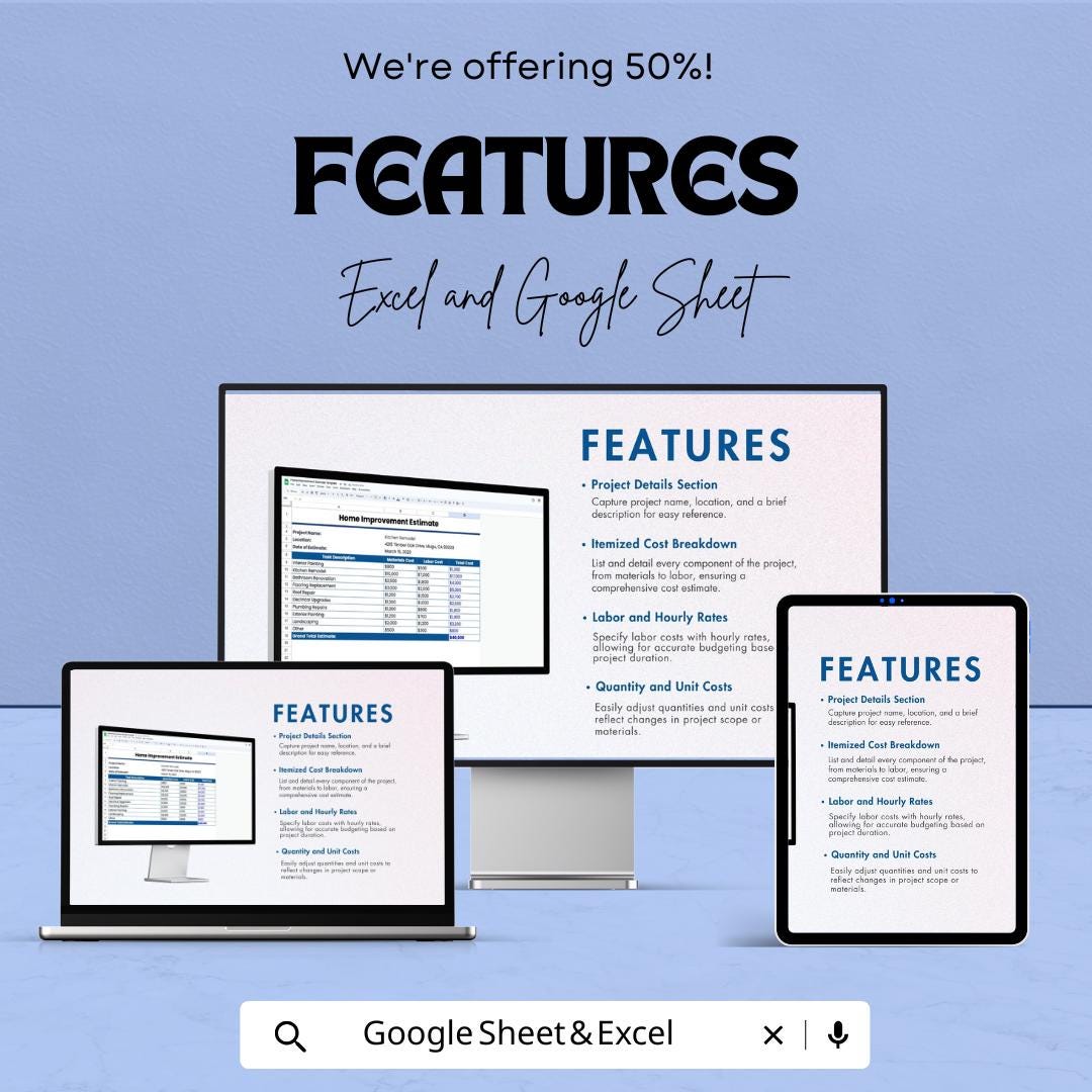 Home Improvement Estimate Template for Excel & Google Sheets – 50% Off – Professional Home Renovation Cost Breakdown
