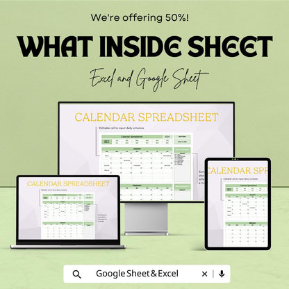 Calendar Spreadsheet Template | Editable Yearly Planner | Monthly Schedule Tracker | Digital Calendar | Instant Download