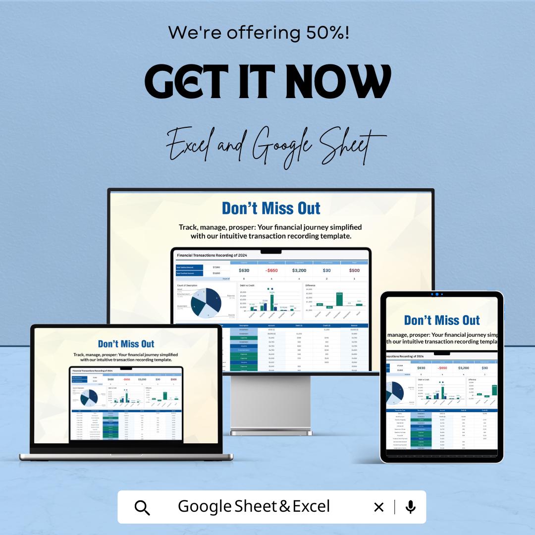 Financial Transactions Recording Template | Expense Tracker Spreadsheet | Budget Planner | Income Expense Log