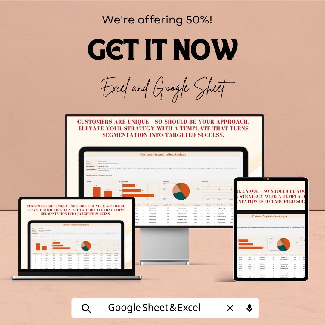 Customer Segmentation Analysis Template | Excel and Google Sheets Dashboard | Marketing Analytics | Business Data Report