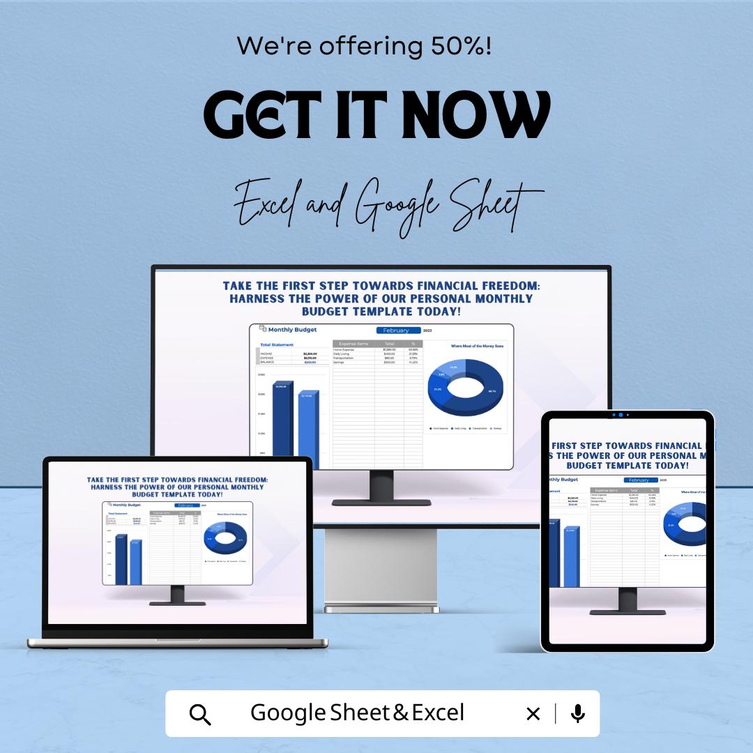 Personal Monthly Budget Sheet Template | Monthly Budget Planner | Google Sheet & Excel Budget Tracker | Easy Financial Management