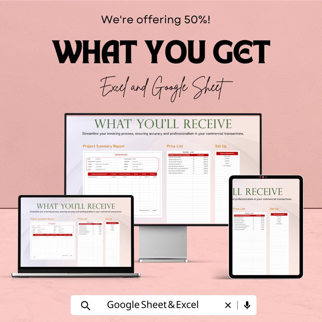 Editable Commercial Invoice Template | Excel & Google Sheets | Customizable Invoice for Business Transactions | Instant Download