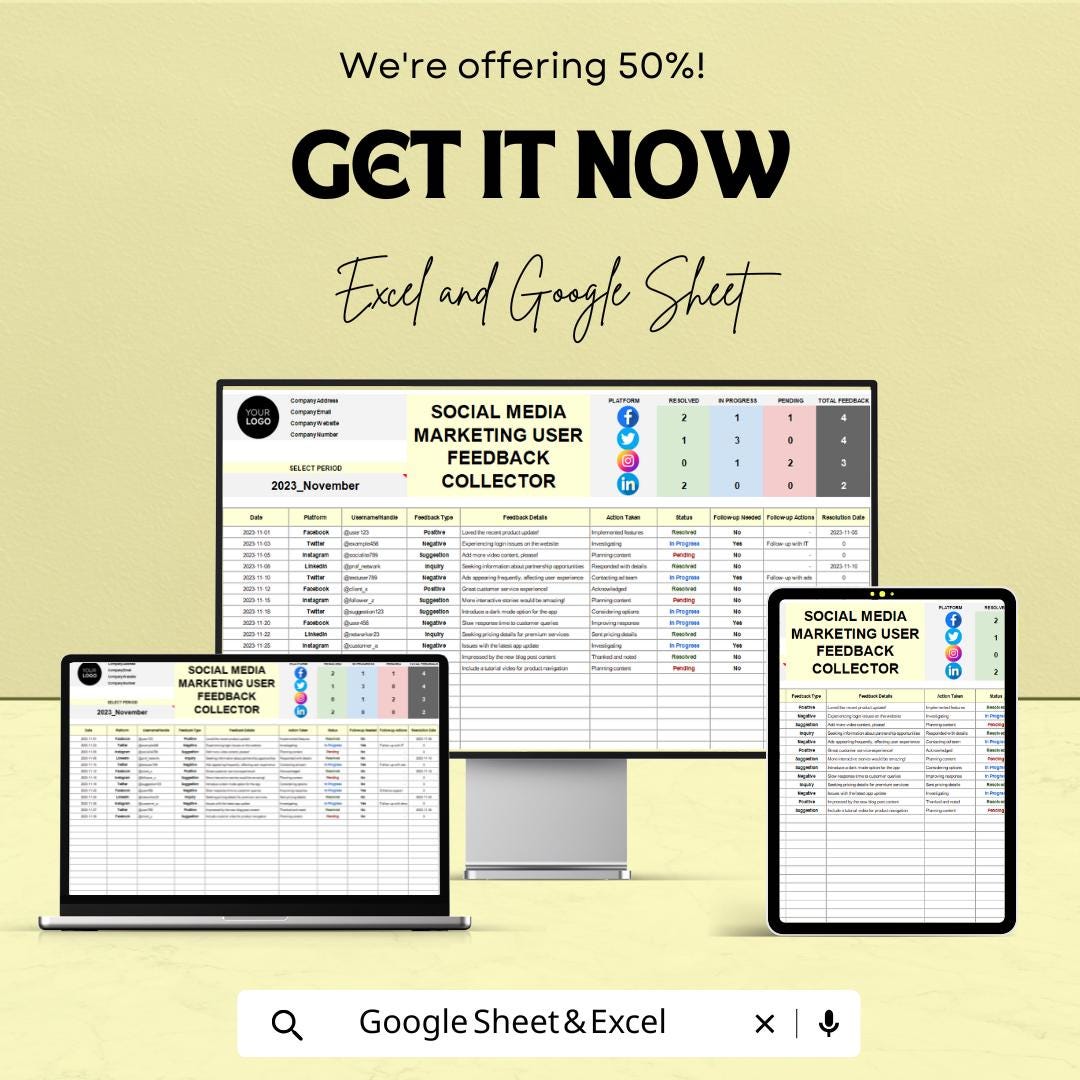 Social Media User Feedback Collector Template | Feedback Tracker | Social Media Response Log | Marketing Feedback Manager