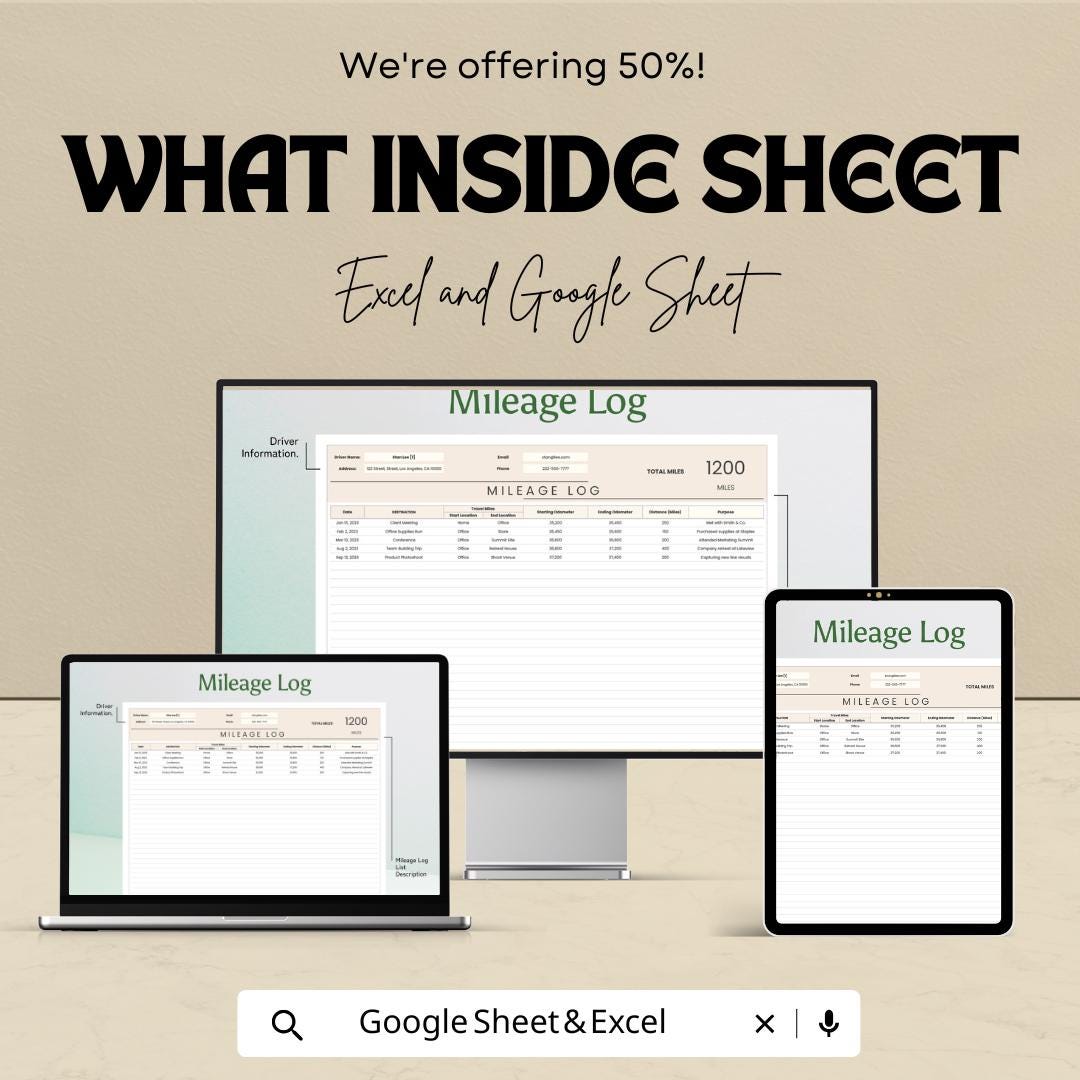Mileage Log Template | Excel & Google Sheets | Vehicle Mileage Tracker | Business Expense Log | Tax Deduction Spreadsheet