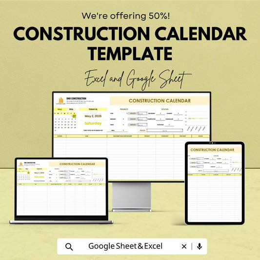 Construction Calendar Template | Construction Project Planner Spreadsheet | Construction Schedule Tracker | Project Management Calendar |