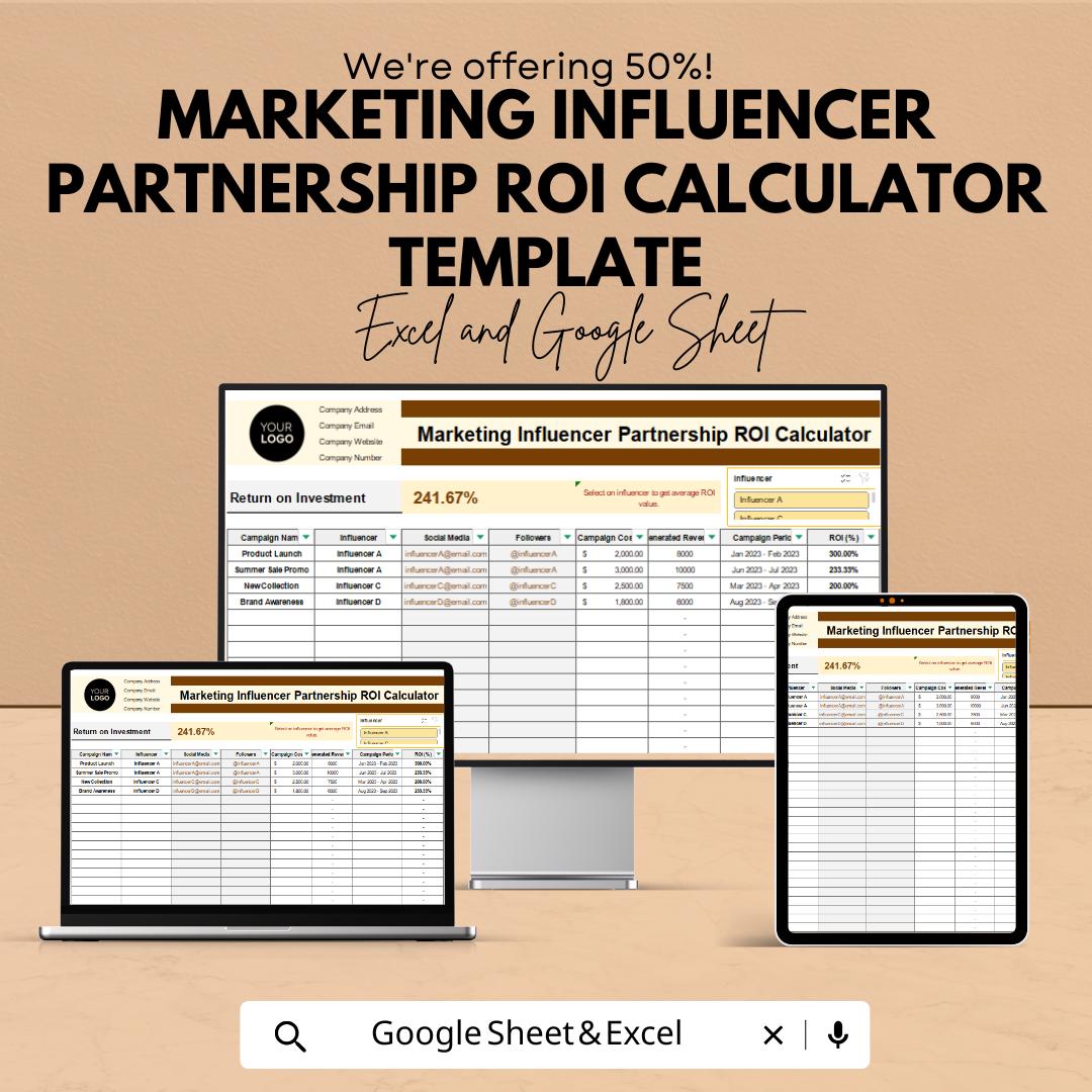 Influencer Partnership ROI Calculator Template | Marketing ROI Spreadsheet | Influencer Campaign Tracker | ROI & Performance Metrics Tool