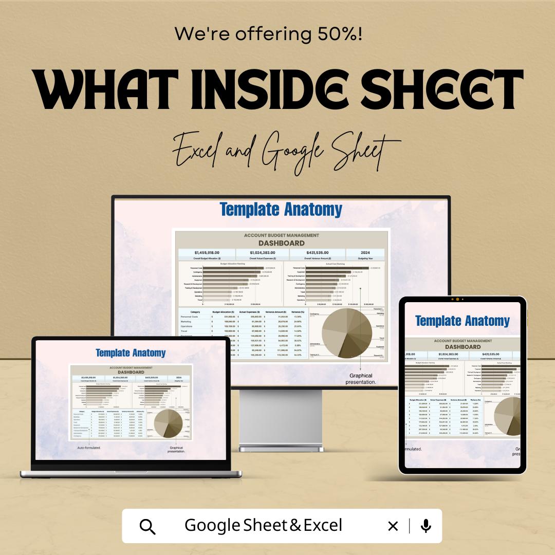 Account Budget Management Dashboard Template - Track Expenses & Income | Budget Planner and Financial Management Sheet | Customizable