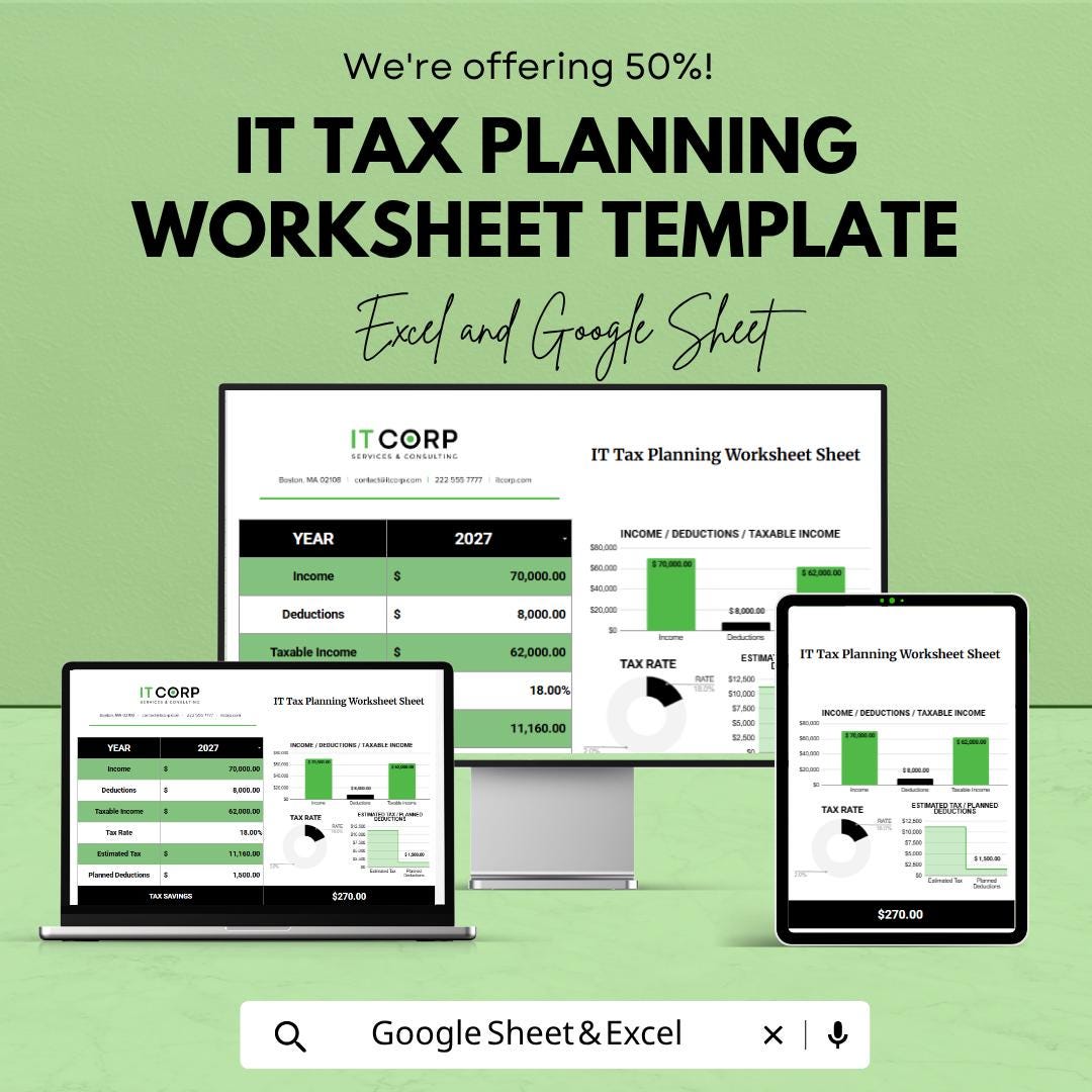IT Tax Planning Worksheet Template | Tax Calculator Spreadsheet | Income & Deduction Tracker | Tax Planning Tool
