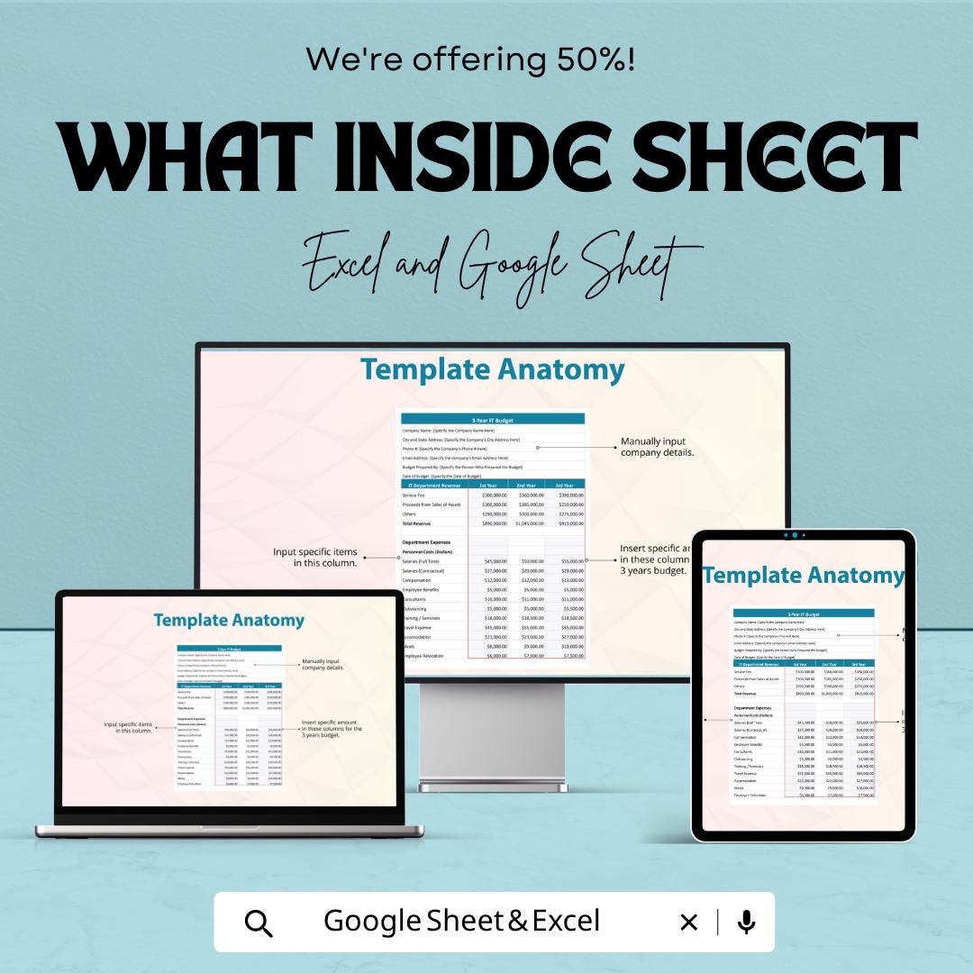 3-Year IT Project Budget Template | IT Budget Spreadsheet | Project Cost Tracker Template |  IT Financial Planning Sheet