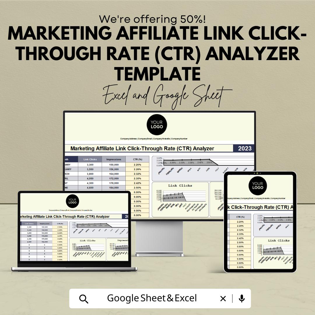 Marketing Affiliate CTR Analyzer Template | Affiliate Link Analytics | CTR Dashboard Spreadsheet | Marketing Performance Template