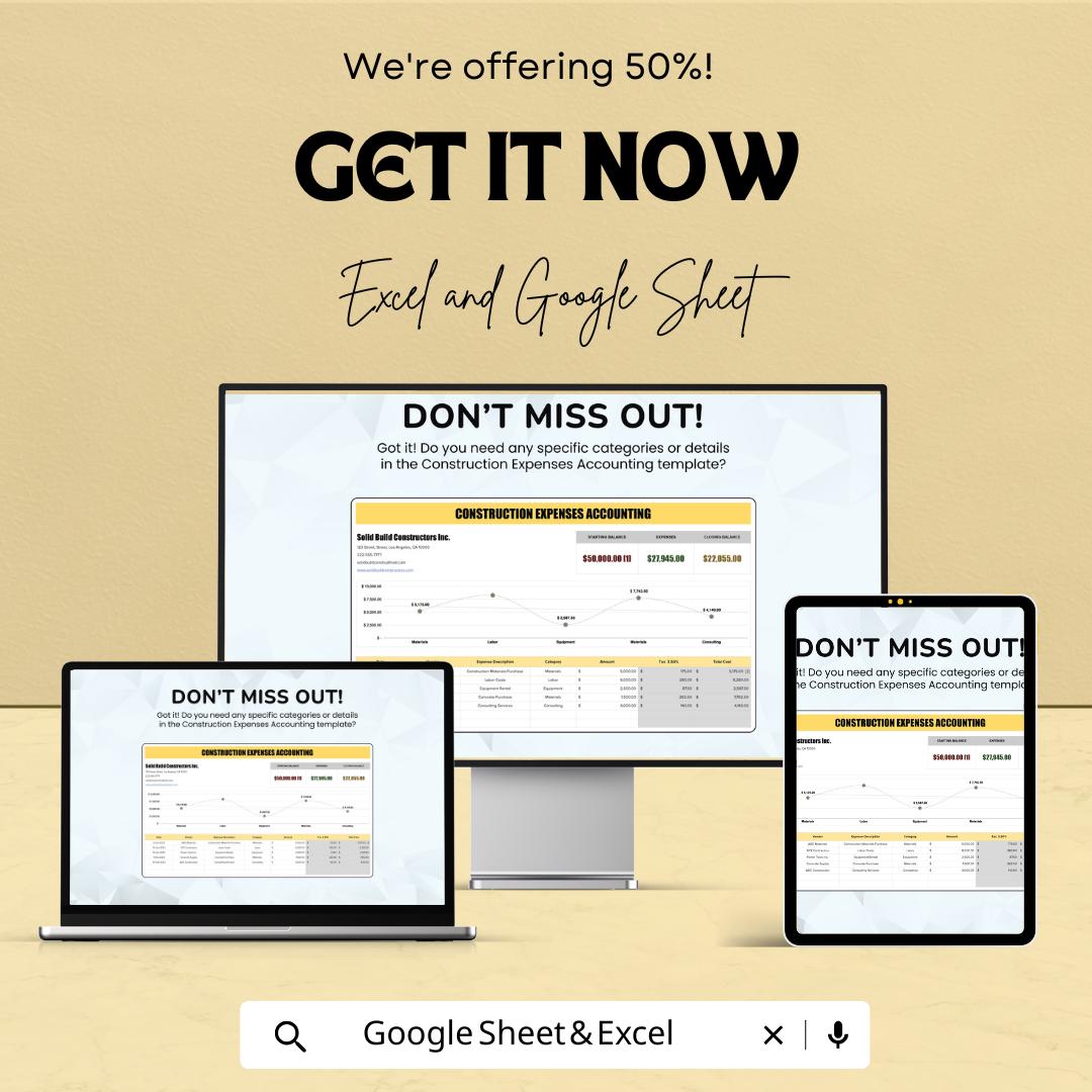 Construction Expenses Accounting Template | Excel & Google Sheets | Job Cost Tracker | Contractor Expense Log | Project Budget Spreadsheet