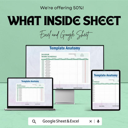 24 Hour Work Schedule Template | Employee Shift Schedule Spreadsheet | Staff Roster Planner Template | Weekly Work Schedule Sheet