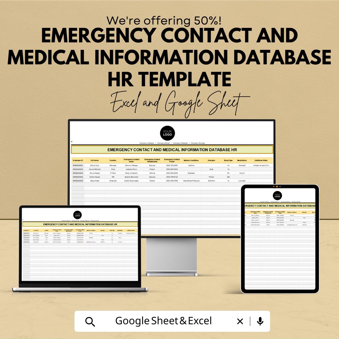 Emergency Contact and Medical Information Database HR Template | Employee Emergency Records | Excel and Google Sheets
