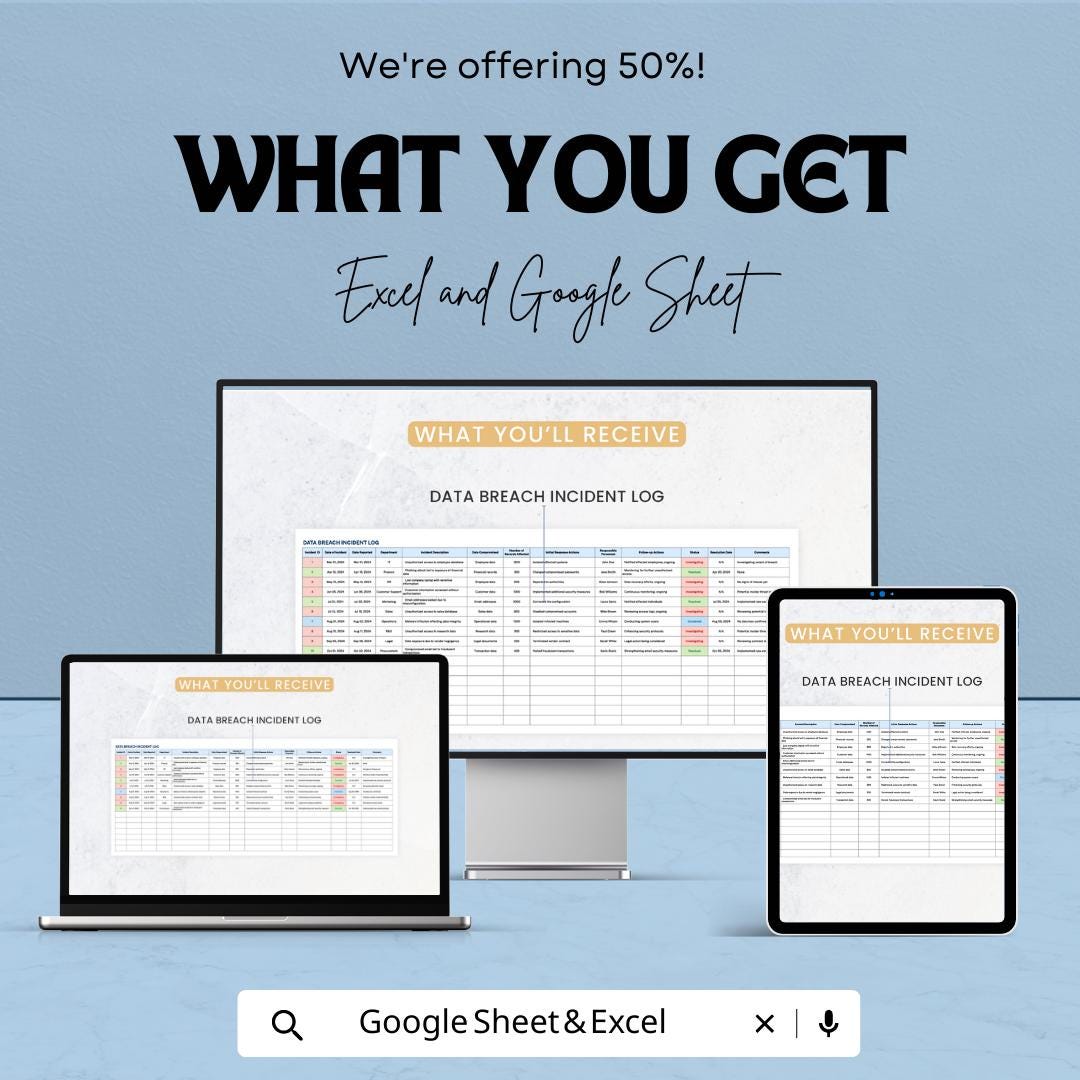 Operations Data Breach Incident Log Template, Security Incident Tracker, Data Breach Register, Compliance Log Spreadsheet