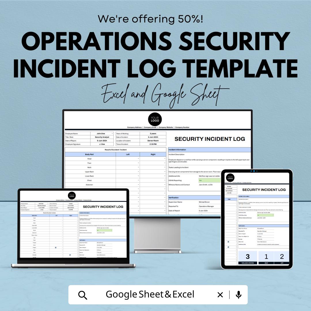 Operations Security Incident Log Template, Security Report Sheet, Incident Tracker, Workplace Safety Log
