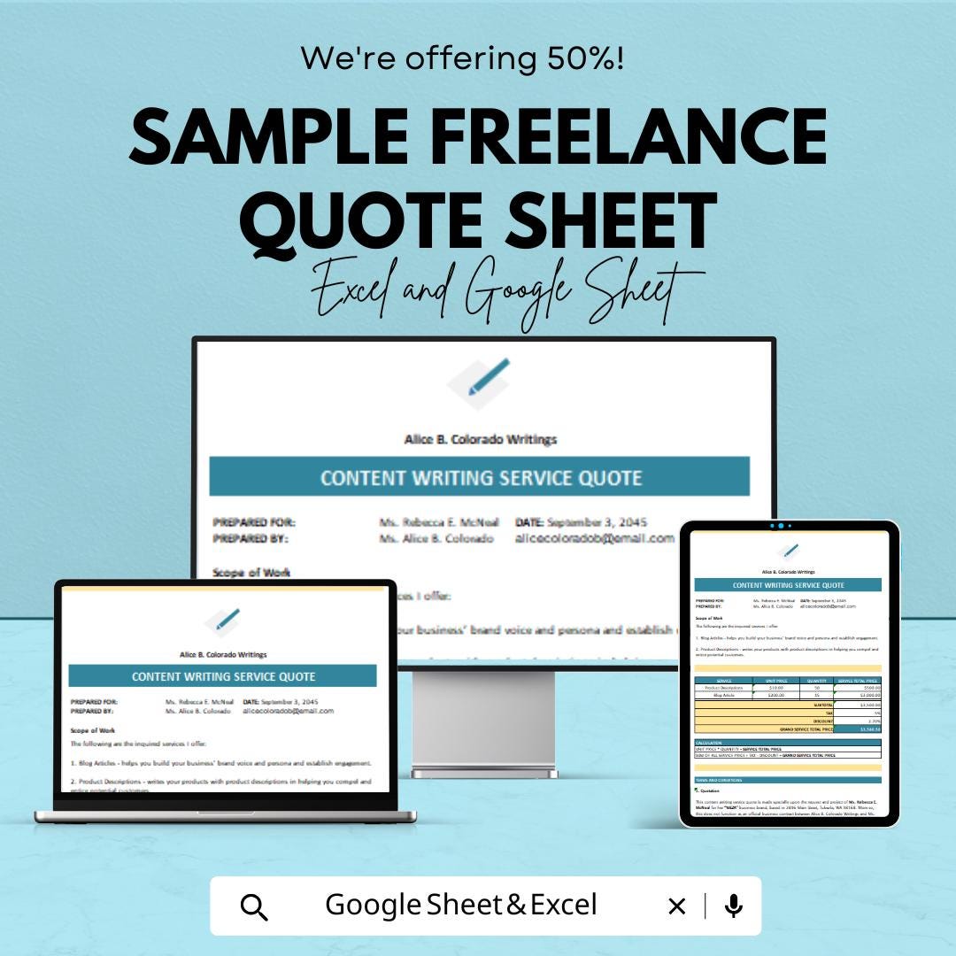 Sample Freelance Quote Sheet | Content Writing Service Quote Template | Customizable Excel & Google Sheet | Instant Download