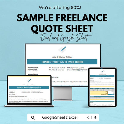 Sample Freelance Quote Sheet | Content Writing Service Quote Template | Customizable Excel & Google Sheet | Instant Download