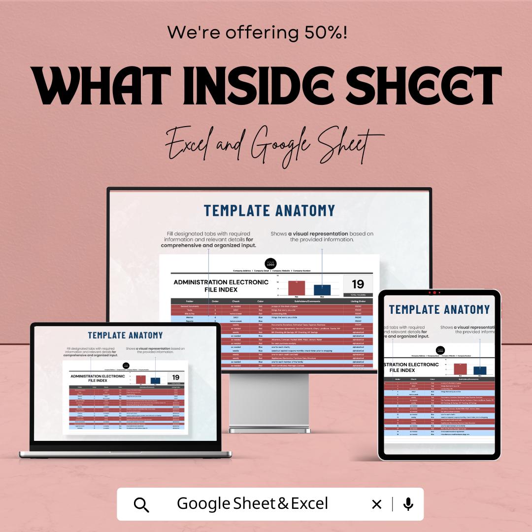 Administration Electronic File Index Template | Digital File Index for Excel & Google Sheets | Office Document Organizer