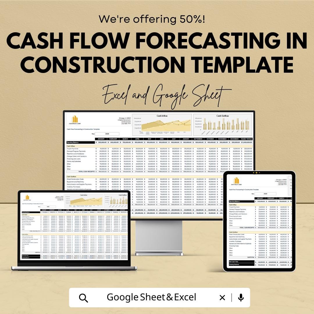 Construction Cash Flow Forecast Template | Project Cash Flow Tracker | Construction Budget Planner |  Financial Forecast
