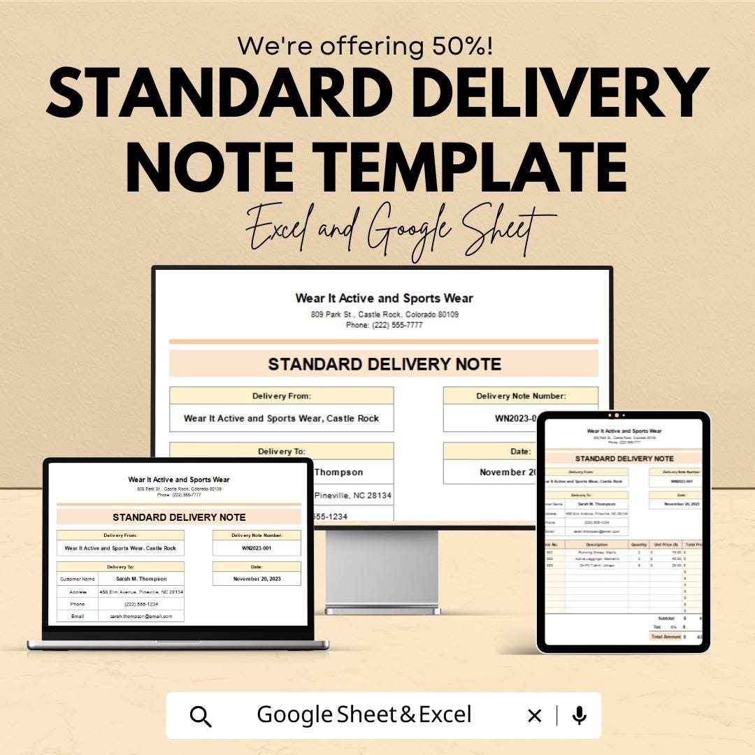 Standard Delivery Note Template | Editable Delivery Form | Excel & Google Sheets | Business Shipping Template | Printable Delivery Note