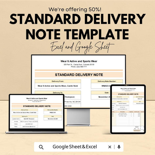 Standard Delivery Note Template | Editable Delivery Form | Excel & Google Sheets | Business Shipping Template | Printable Delivery Note