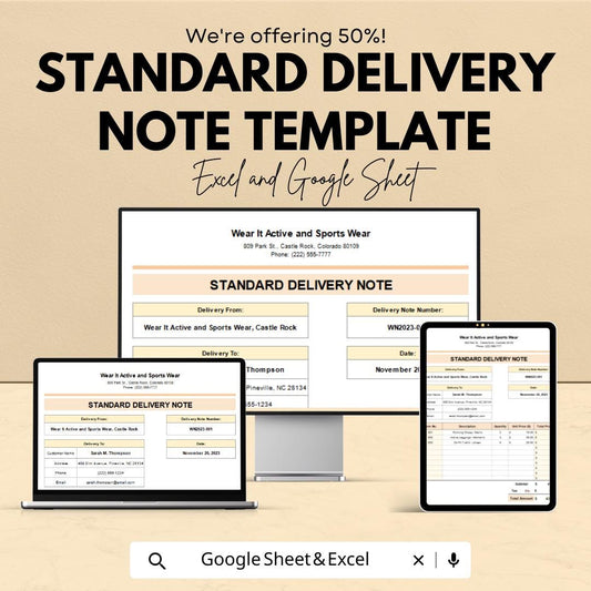 Standard Delivery Note Template | Editable Delivery Form | Excel & Google Sheets | Business Shipping Template | Printable Delivery Note
