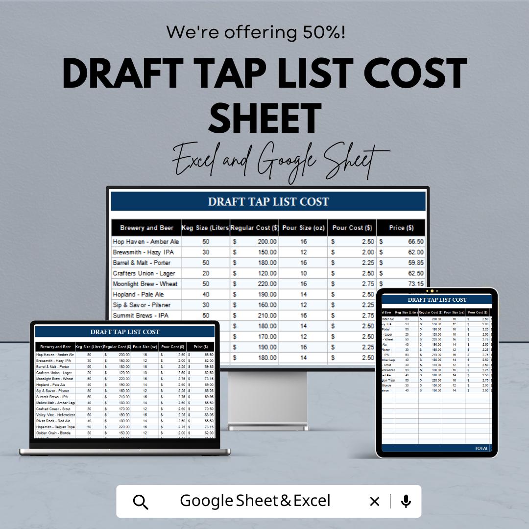 Draft Tap List Cost Sheet | Excel & Google Sheets Template | Editable Beer Tap Pricing List | Customizable Keg Cost Calculator |