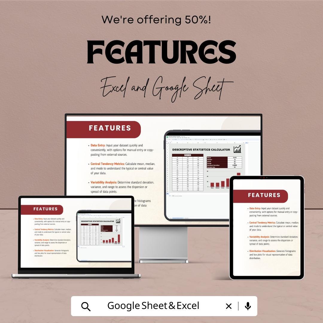 Descriptive Statistics Calculator Sheet for Excel & Google Sheets | Data Analysis Template | Statistical Calculator | Instant Download