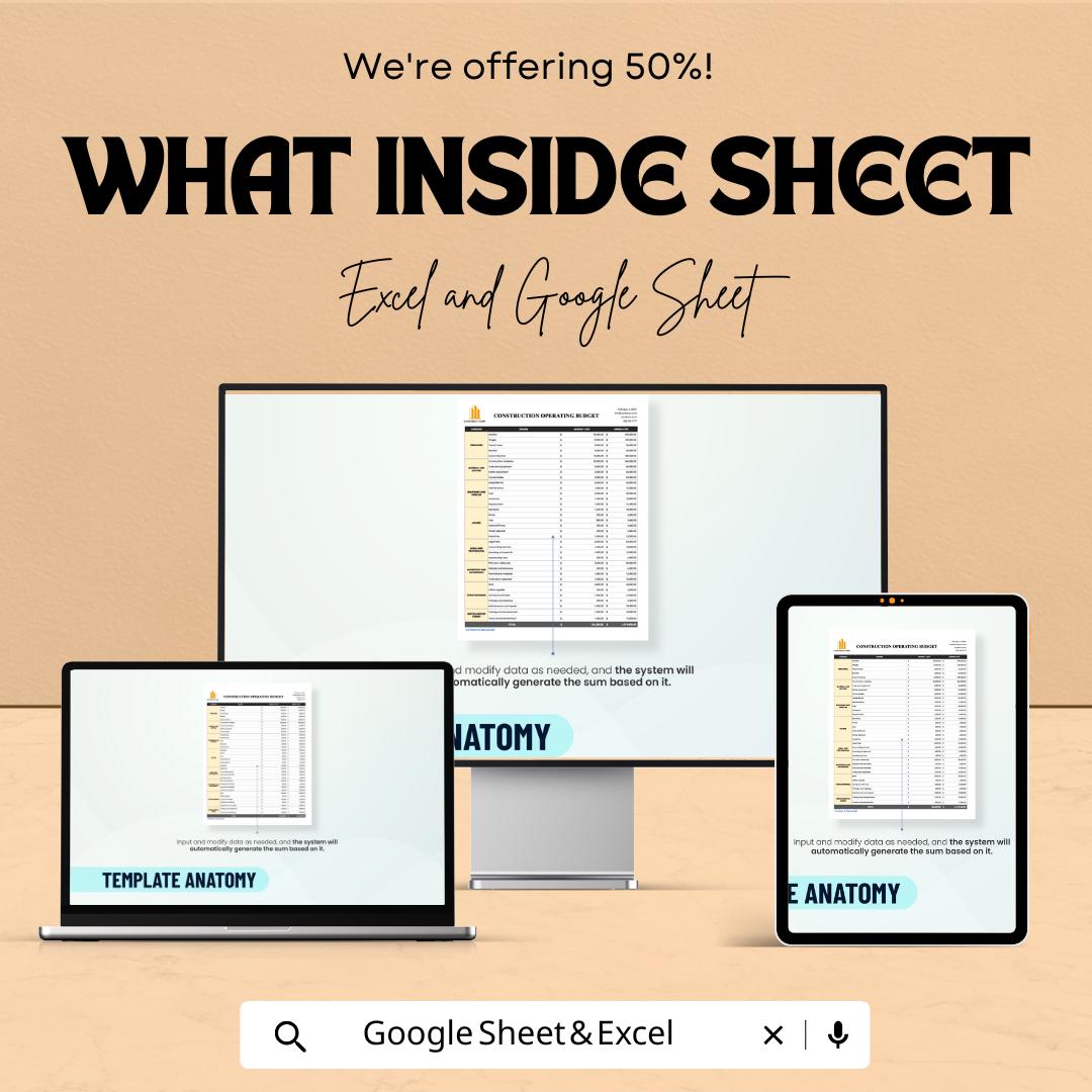 Construction Operating Budget Template | Excel & Google Sheets | Construction Budget Planner | Project Cost Spreadsheet