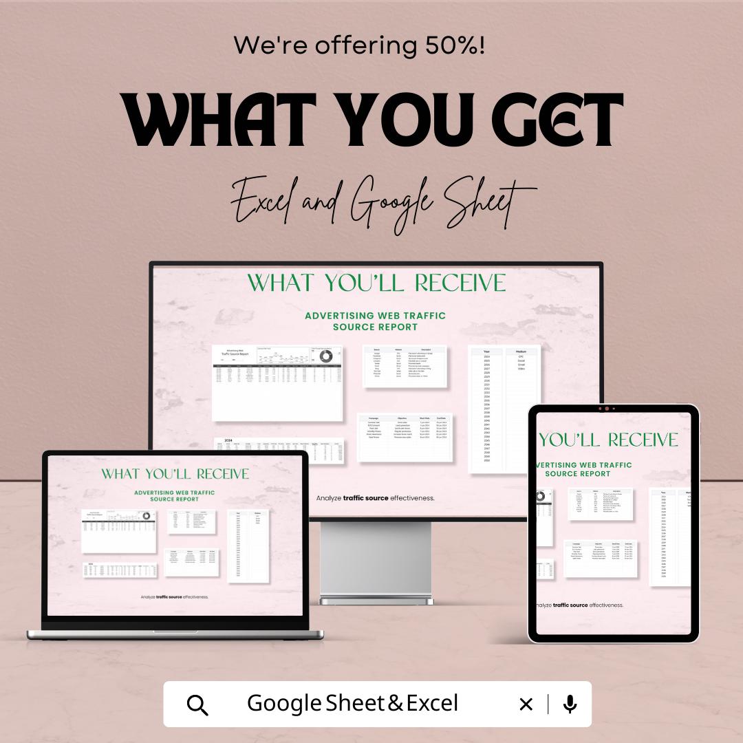 Advertising Web Traffic Source Report Template | Marketing Analytics Dashboard | Traffic Source Tracker | Excel and Google Sheets