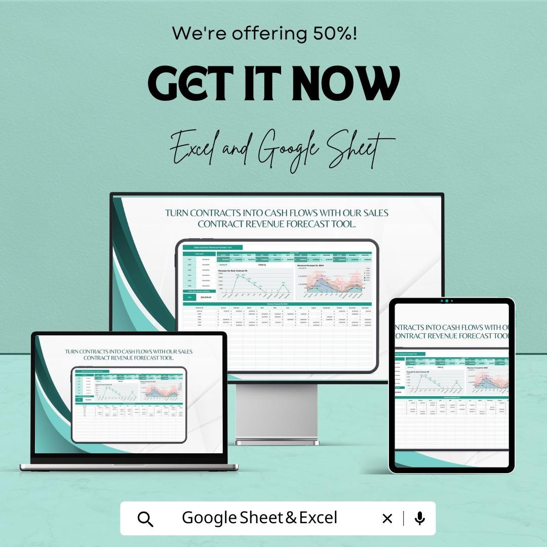 Sales Contract Revenue Forecast Tool Template | Revenue Forecast Google Sheets | Contract Tracking Spreadsheet | Sales Projection Template |