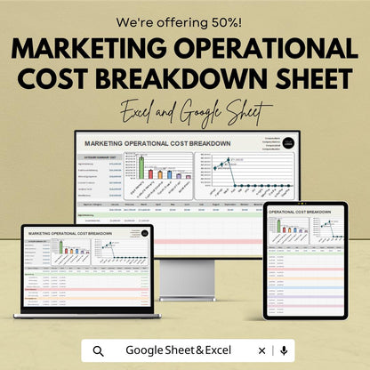 Marketing Operational Cost Breakdown Sheet | Excel and Google Sheets | Track Marketing Expenses & Budget | Financial Efficiency Dashboard