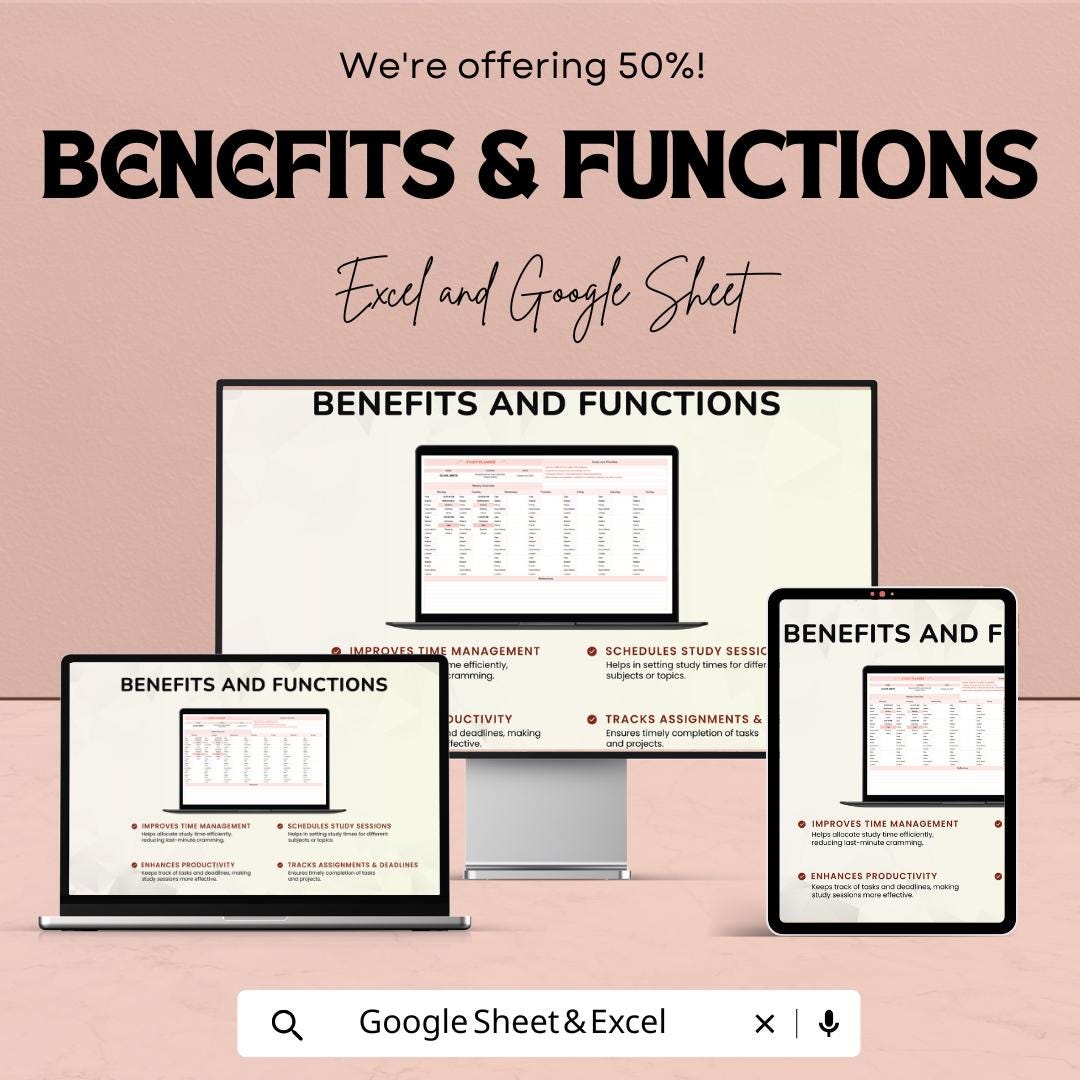 Study Planner Template Google Sheets and Excel | Weekly Study Schedule | Student Planner | Semester Planner | Class and Assignment Tracker