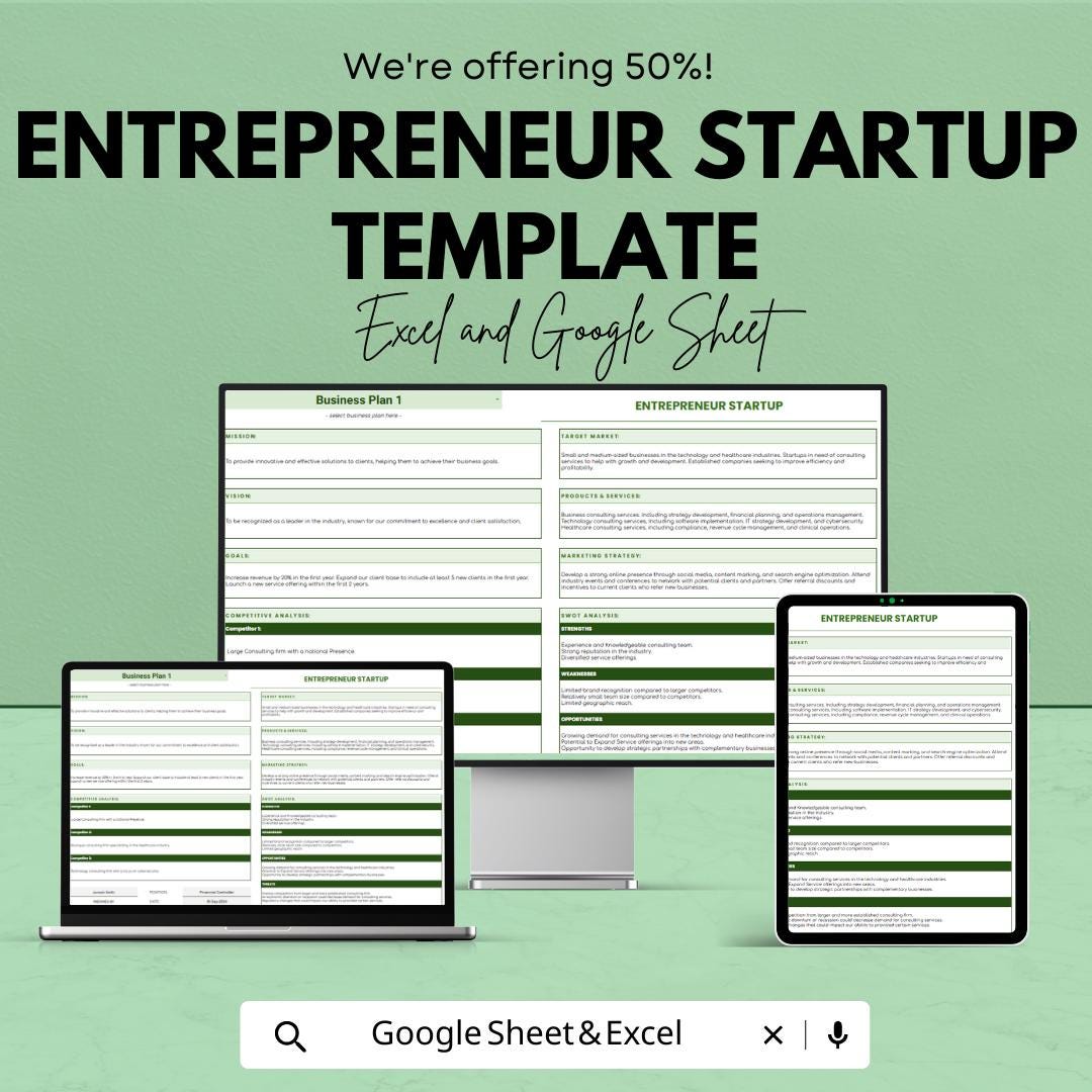 Entrepreneur Startup Template | Business Plan Template Excel & Google Sheets | Startup Planner | Small Business Planning Tool